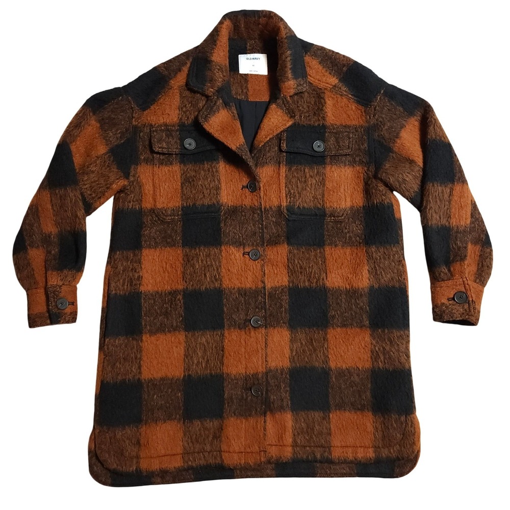 Old Navy Womens Wool Blend Long Shacket Brown Plaid Buffalo Check XS 645797-01